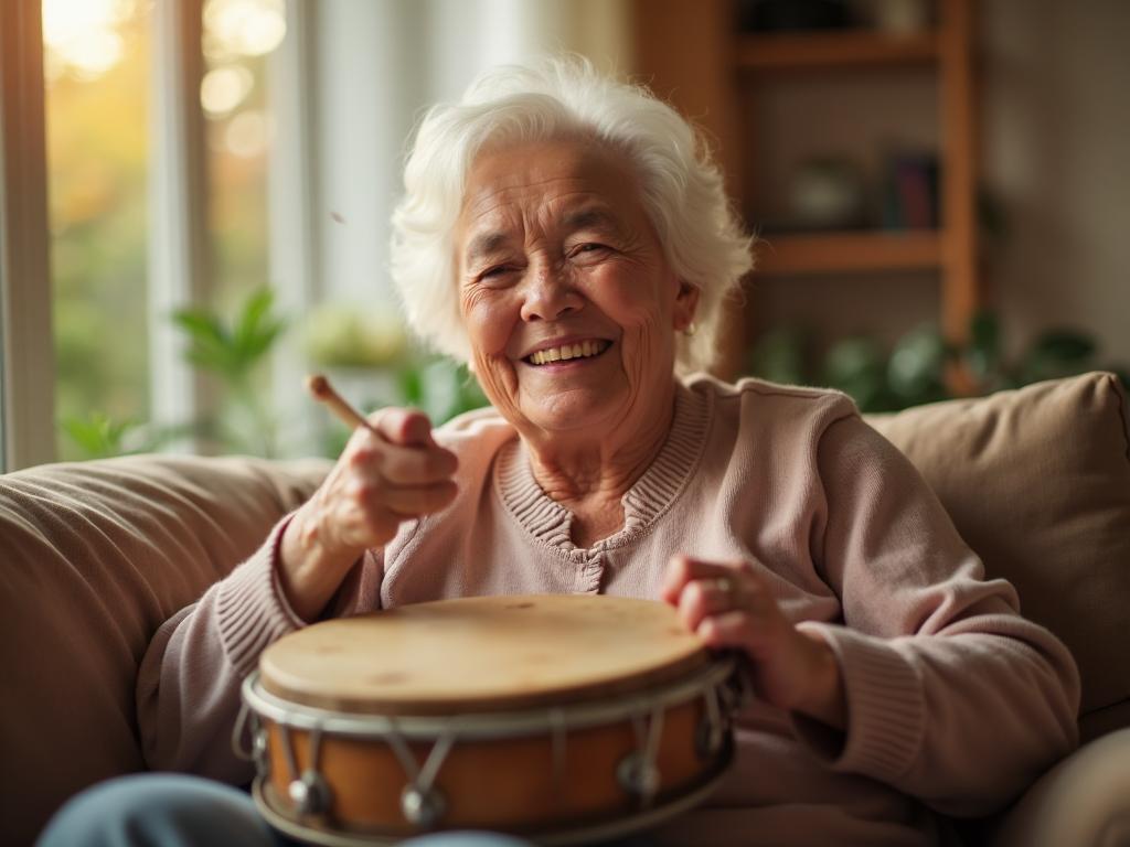 Senior resident enjoying music therapy session, playing instruments with joy and engagement